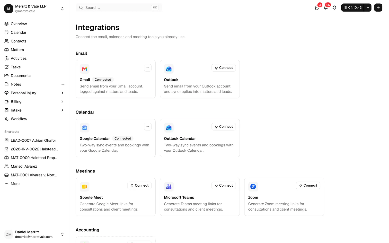 The Integrations page showing the three cards (Gmail, Google Calendar, Google Meet), each with its status badge and Link button. Highlight the Integrations