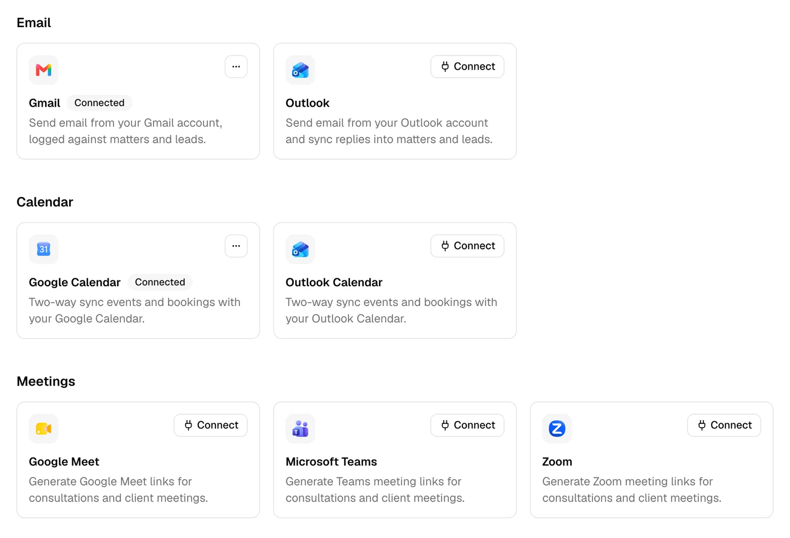 The Integrations page with the Email, Calendar, and Meetings groups, highlighting the Outlook, Outlook Calendar, and Zoom cards.