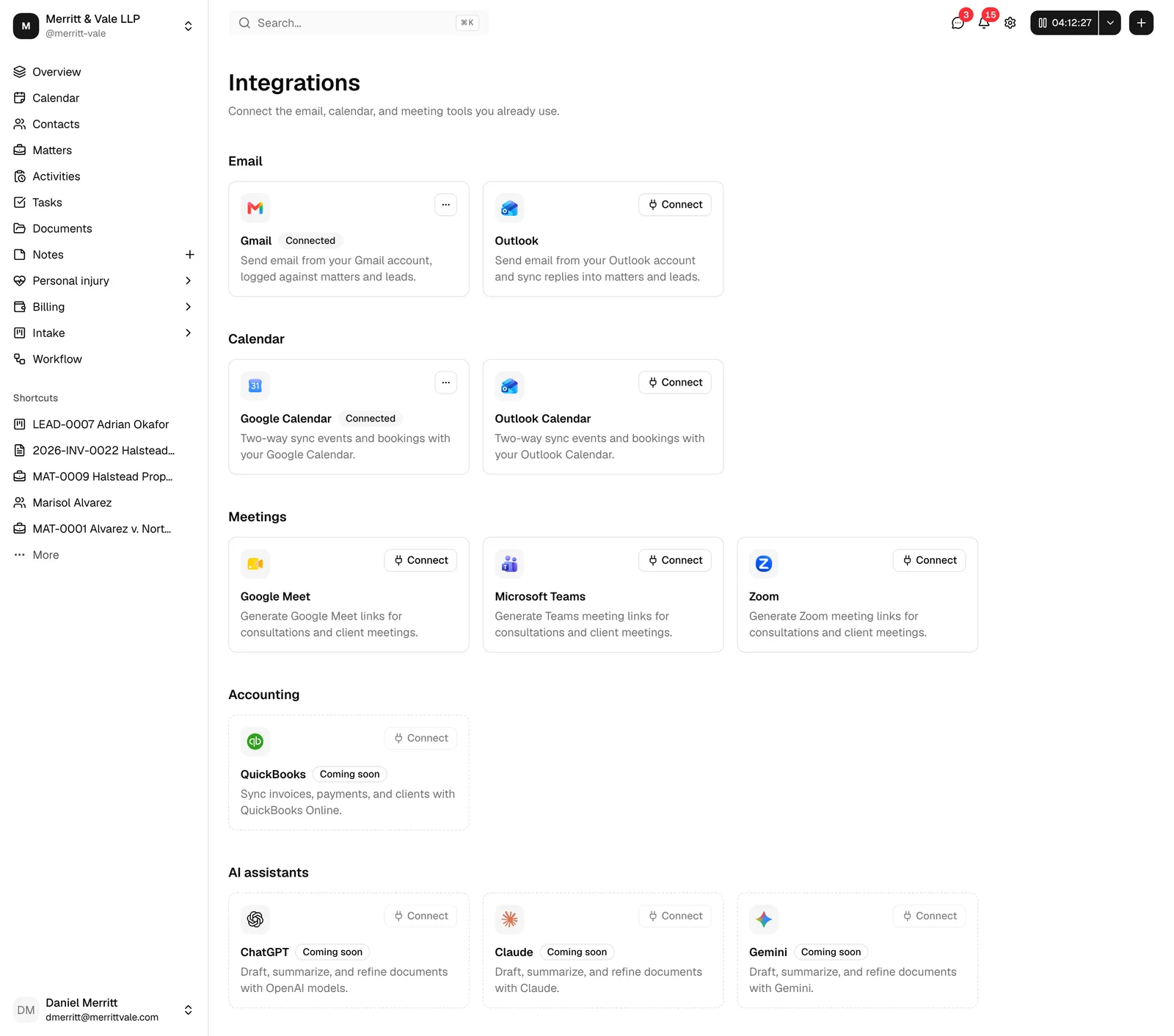 The Integrations page opened from the left sidebar, showing the Email, Calendar, Meetings, AI assistants, and Accounting groups with their provider cards.