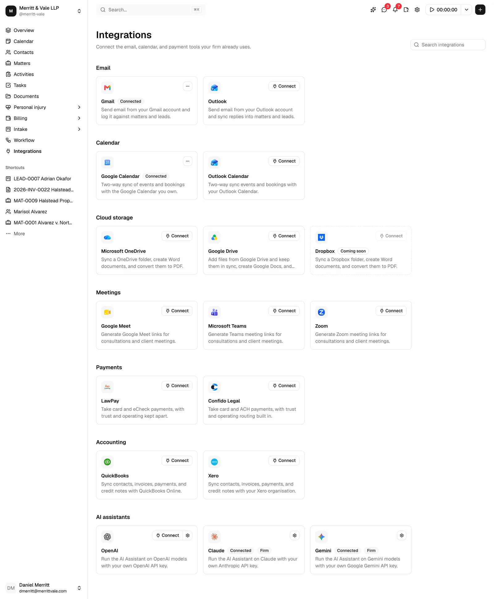 The Integrations page with the Search integrations box and the Email, Calendar, Cloud storage, Meetings, Payments, Accounting, and AI assistants groups.