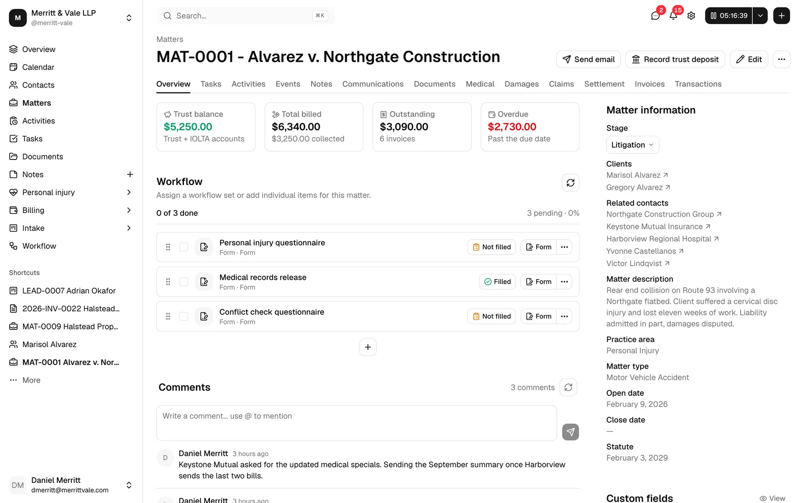 A matter workspace open in the dashboard, showing the matter at the center with its related contacts, tasks, time entries, documents, and invoices, to