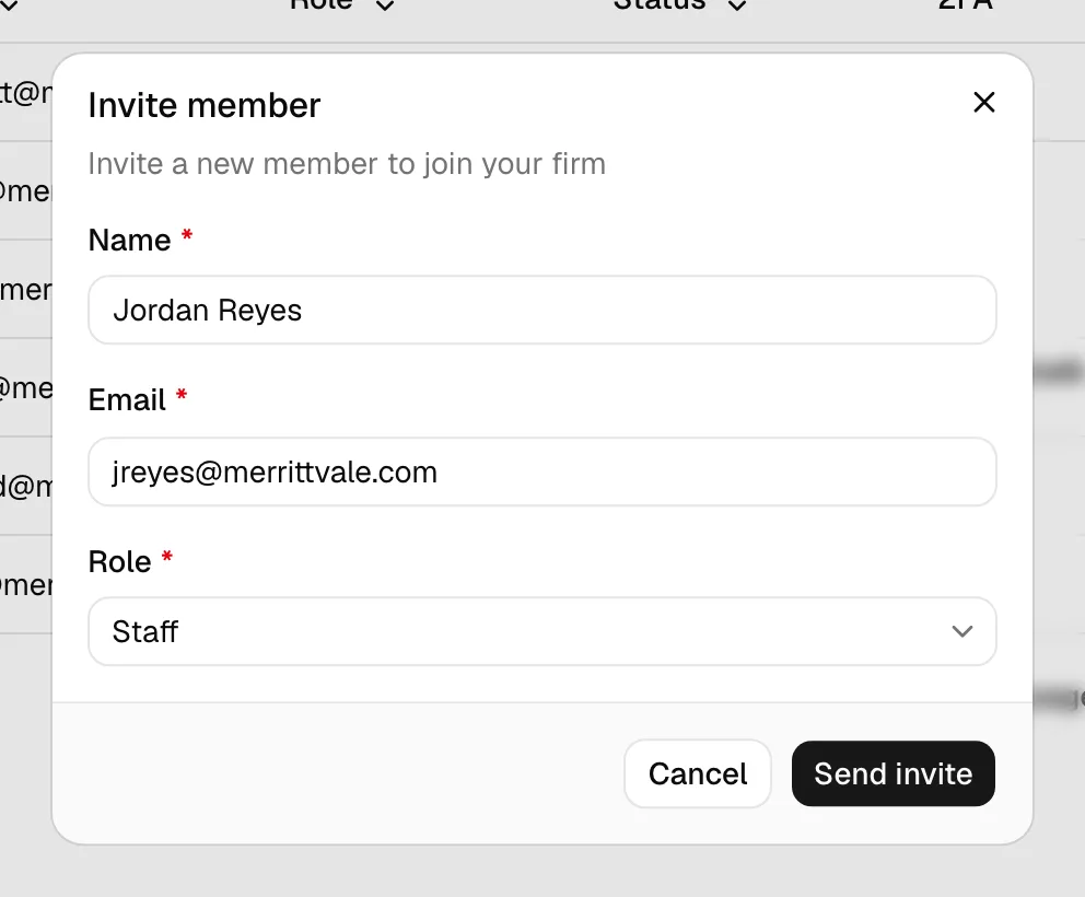 The Invite member dialog with the Name, Email, and Role fields, and the Send invite button.