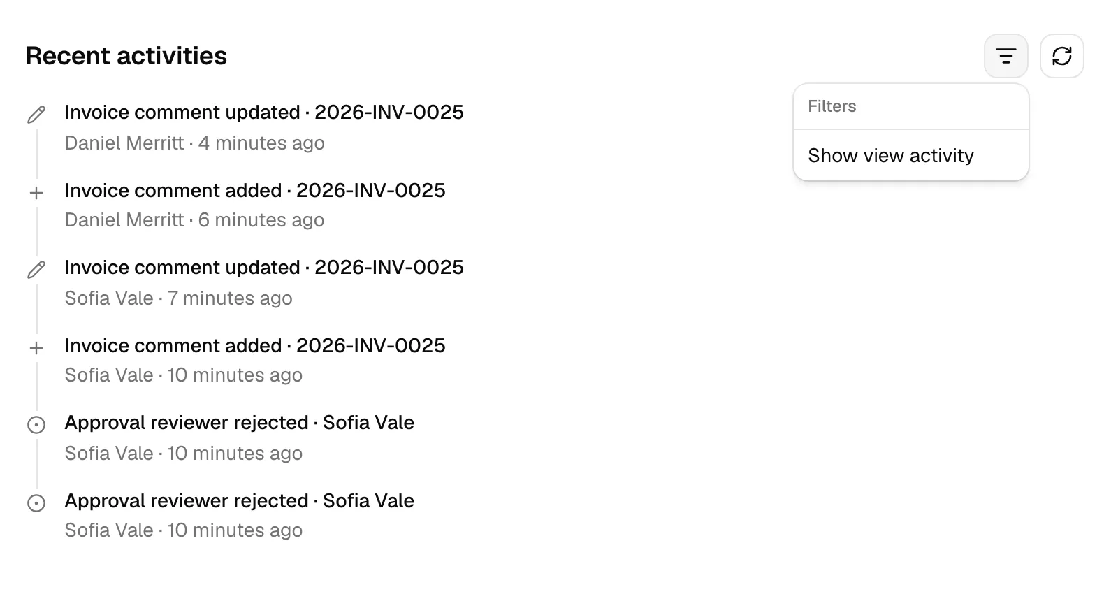 The Recent activities timeline on an invoice page, with the filter menu open showing the "Show view activity" toggle.