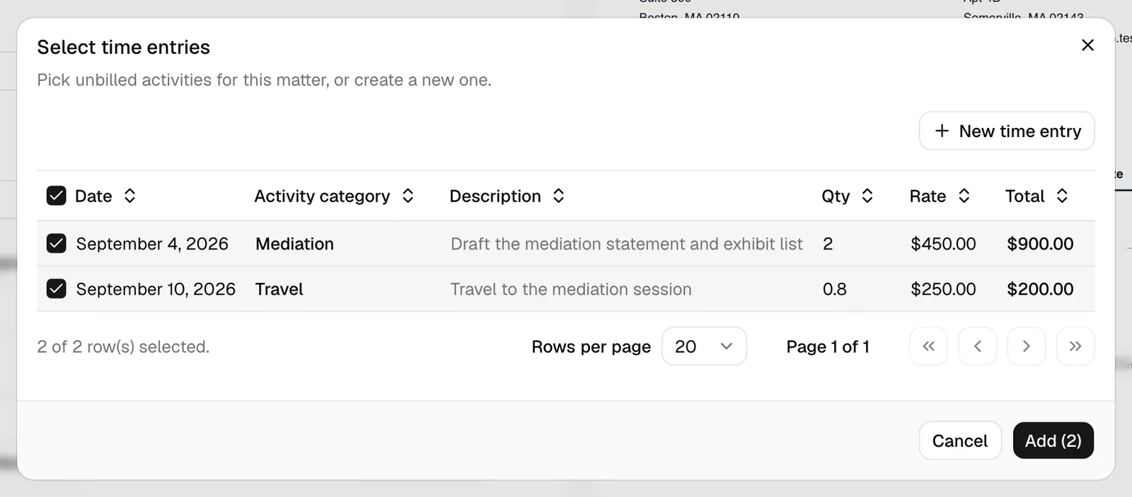 The invoice Add line items dialog listing a matter's unbilled activities with checkboxes, and the Add button at the bottom.