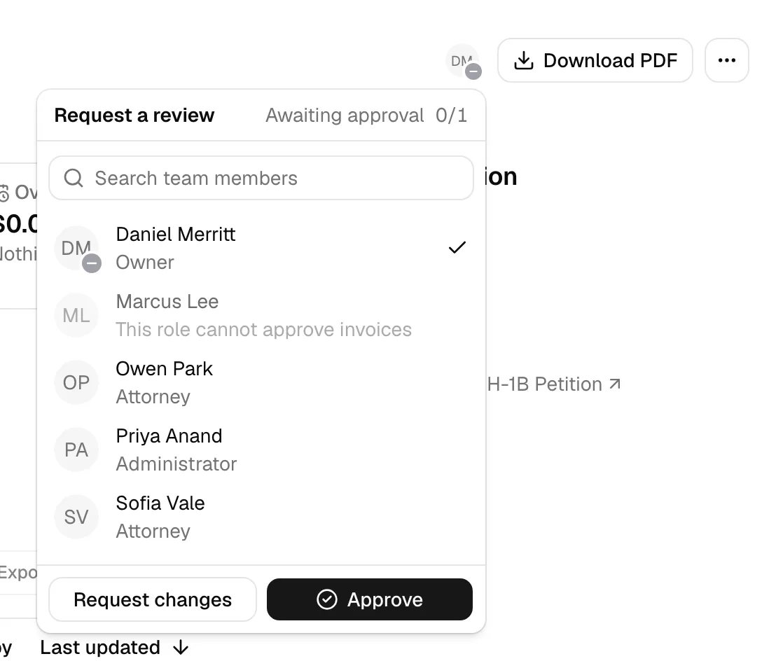 The reviewer panel open on an invoice, showing Request a review, the Awaiting approval 0/1 status, the member list, and the Request changes and Approve buttons