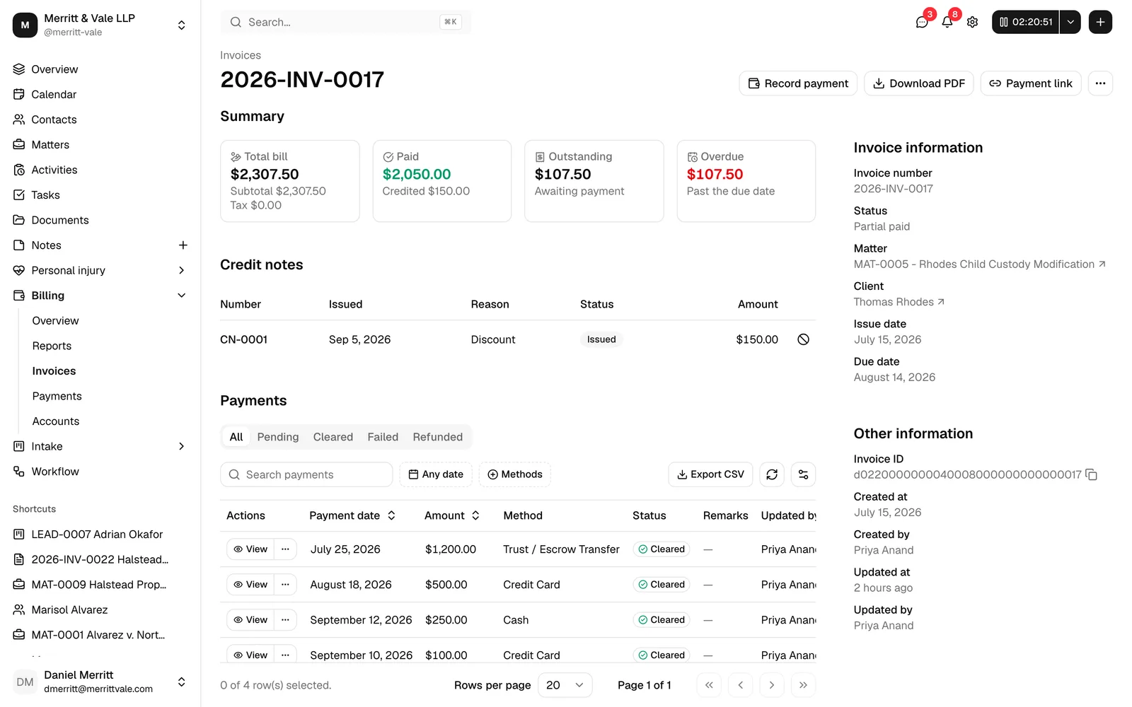 An invoice page showing the status in the Invoice information sidebar and the Summary cards (Total bill, Paid, Outstanding, Overdue).