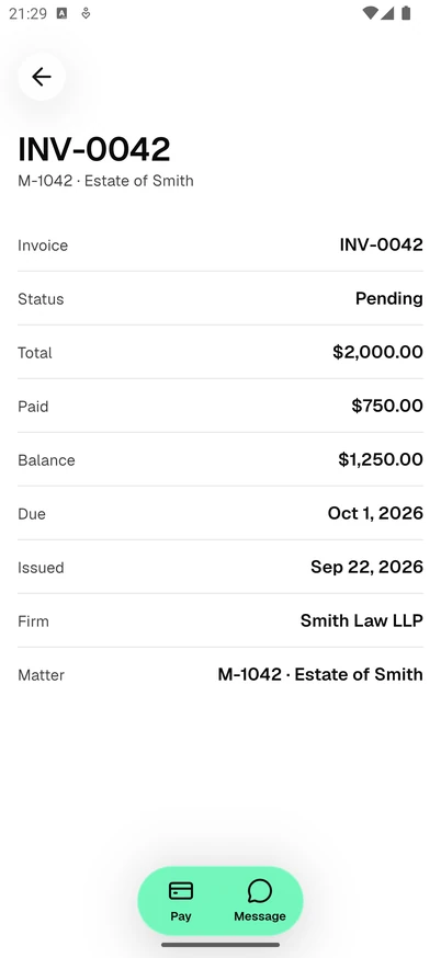 An invoice opened in the Esqase Client app, showing Status, Total, Paid, Balance, Due, Issued, Firm and Matter, with the Pay and Message buttons at the bottom.