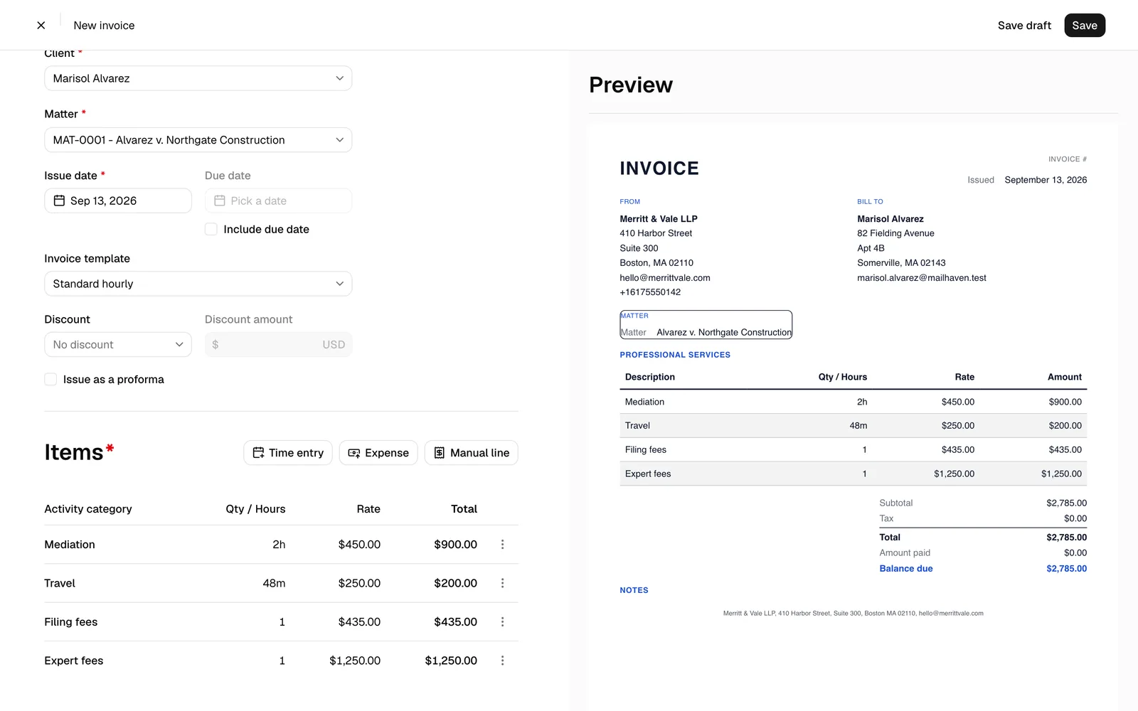 The invoice editor top bar showing the Save draft and Save buttons, with the Items section below.