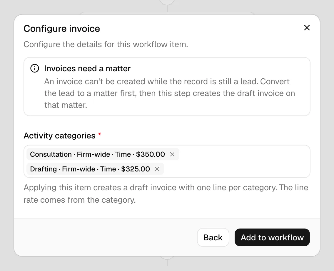 The Invoice step showing the "Invoices need a matter" notice and the Activity categories multi-select with category name, scope, type, and rate on each option.