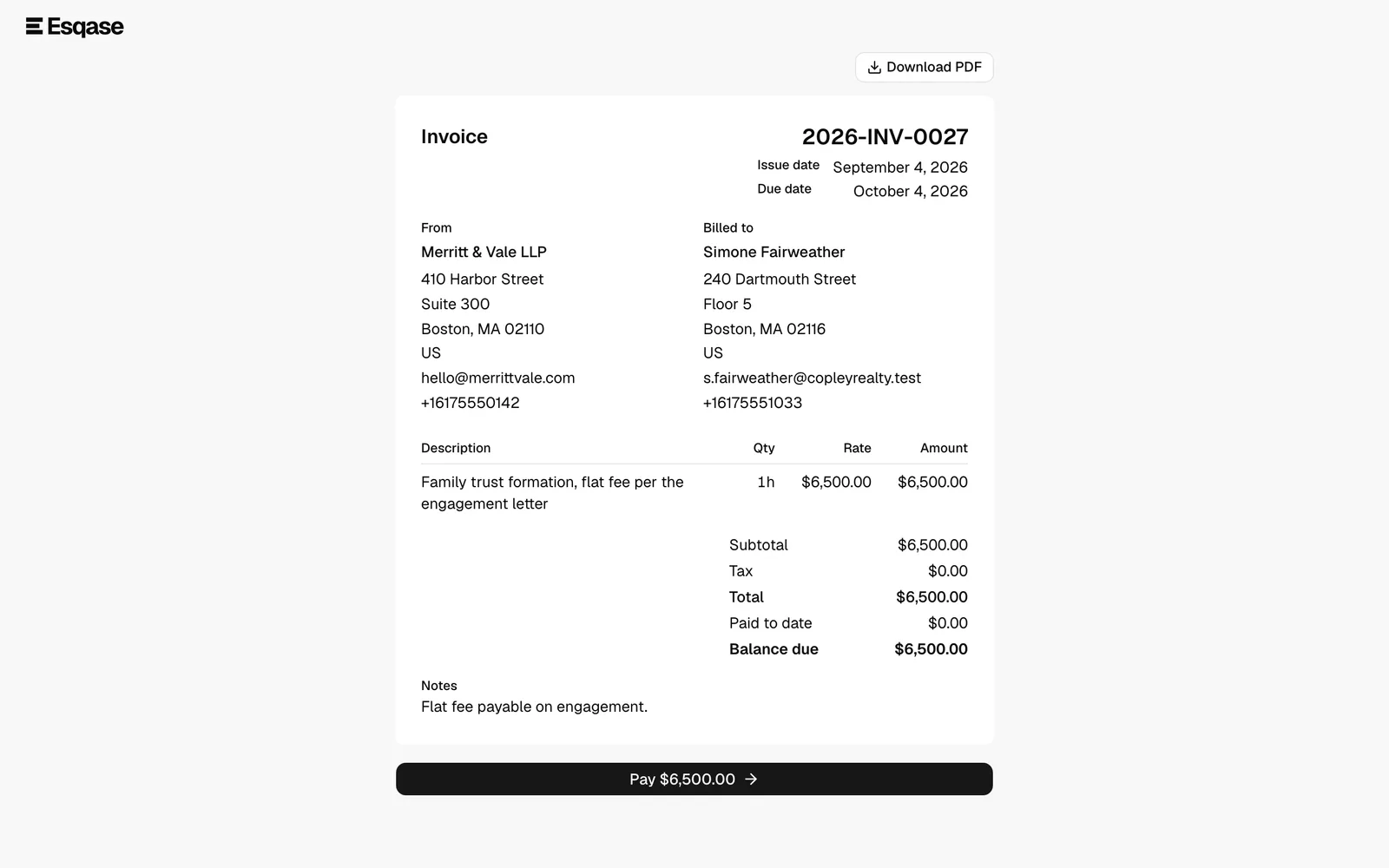 The unlocked invoice view, with the From and Billed to blocks, the line-item table, and the totals summary. Highlight the Download PDF button and the Balance