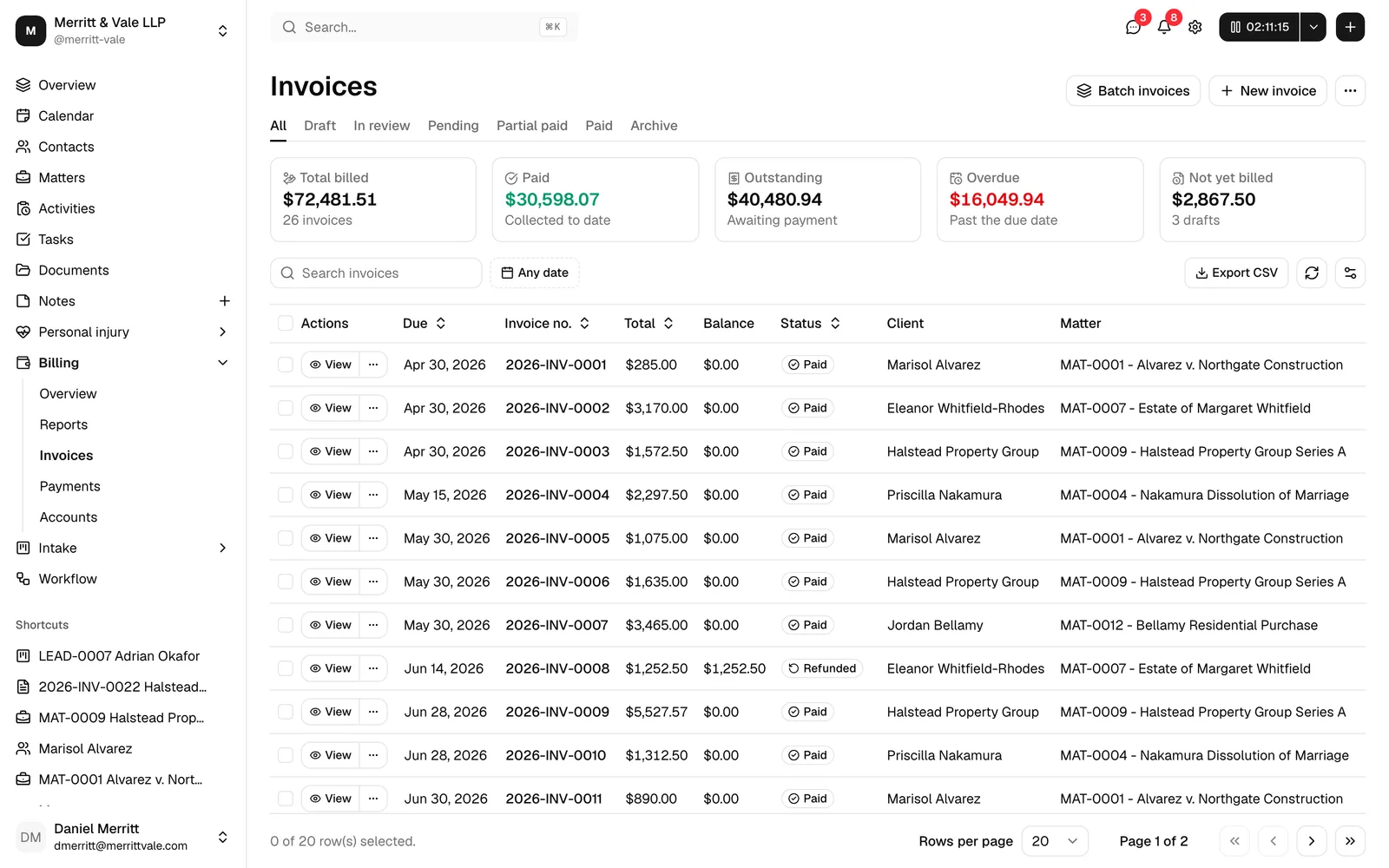 The Invoices page showing the status tabs, search and date filters, the totals summary, and a few invoice rows with their statuses and balances.