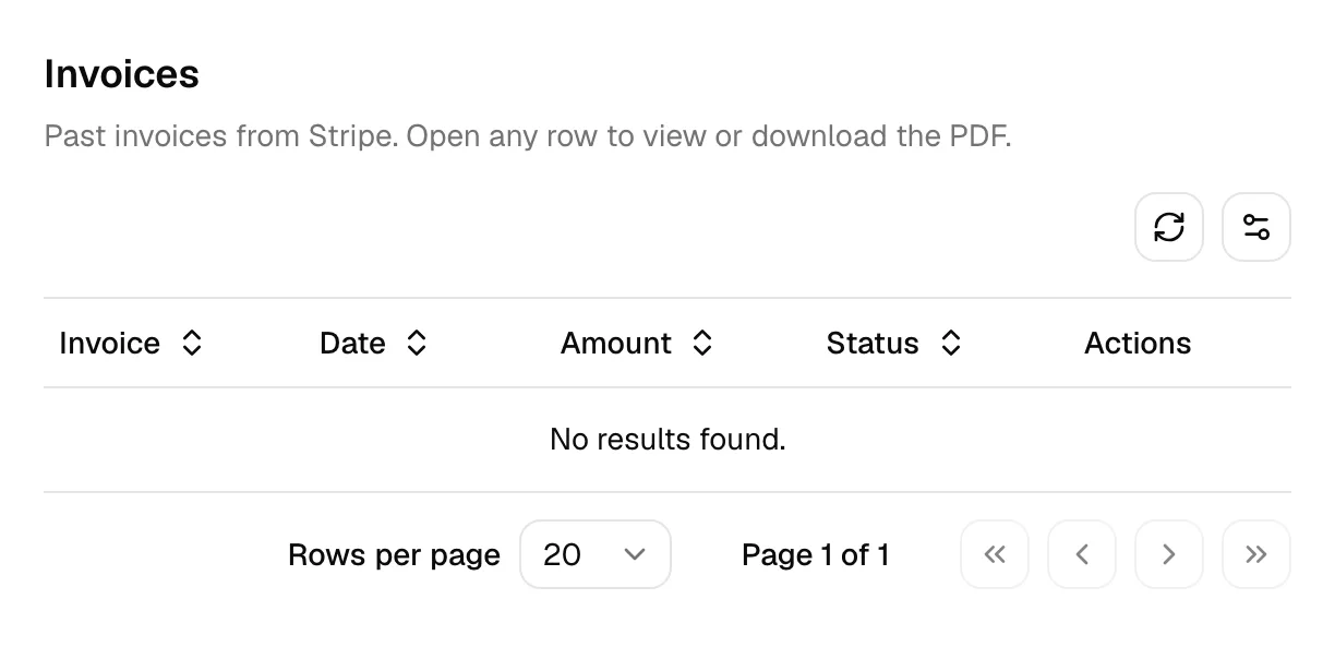 The Invoices section of the Billing page with the Invoice, Date, Amount and Status columns, the refresh and column controls, and no invoices yet