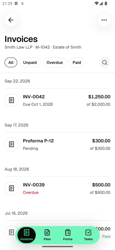 The Invoices list in the Esqase Client app, showing the All, Unpaid, Overdue and Paid chips, invoices grouped by date with their balances, and the Invoices, Files, Forms and Tasks bar at the bottom.