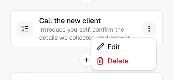 A step card on the canvas with its ... menu open, showing the Edit and Delete options.