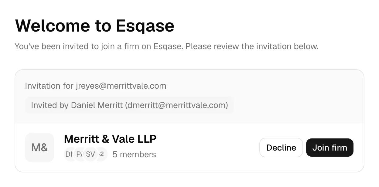 The Welcome to Esqase join page showing the invitation card (the "Invitation for" email, the "Invited by" sender, the firm name and member count) with the
