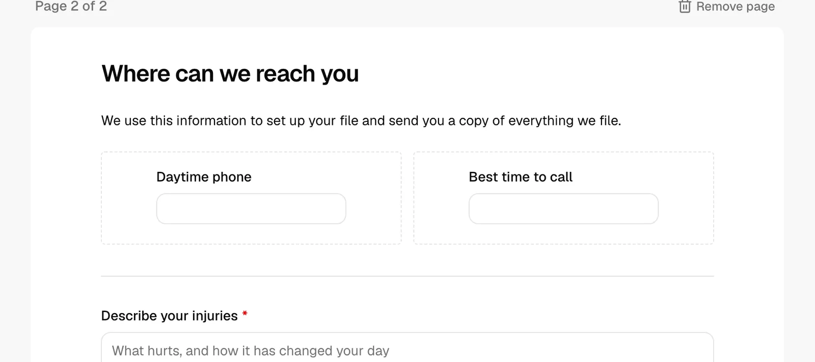 A form section built with a Header, a Paragraph, and a 2-column Columns element holding two text fields side by side, with a Separator below. Highlight the
