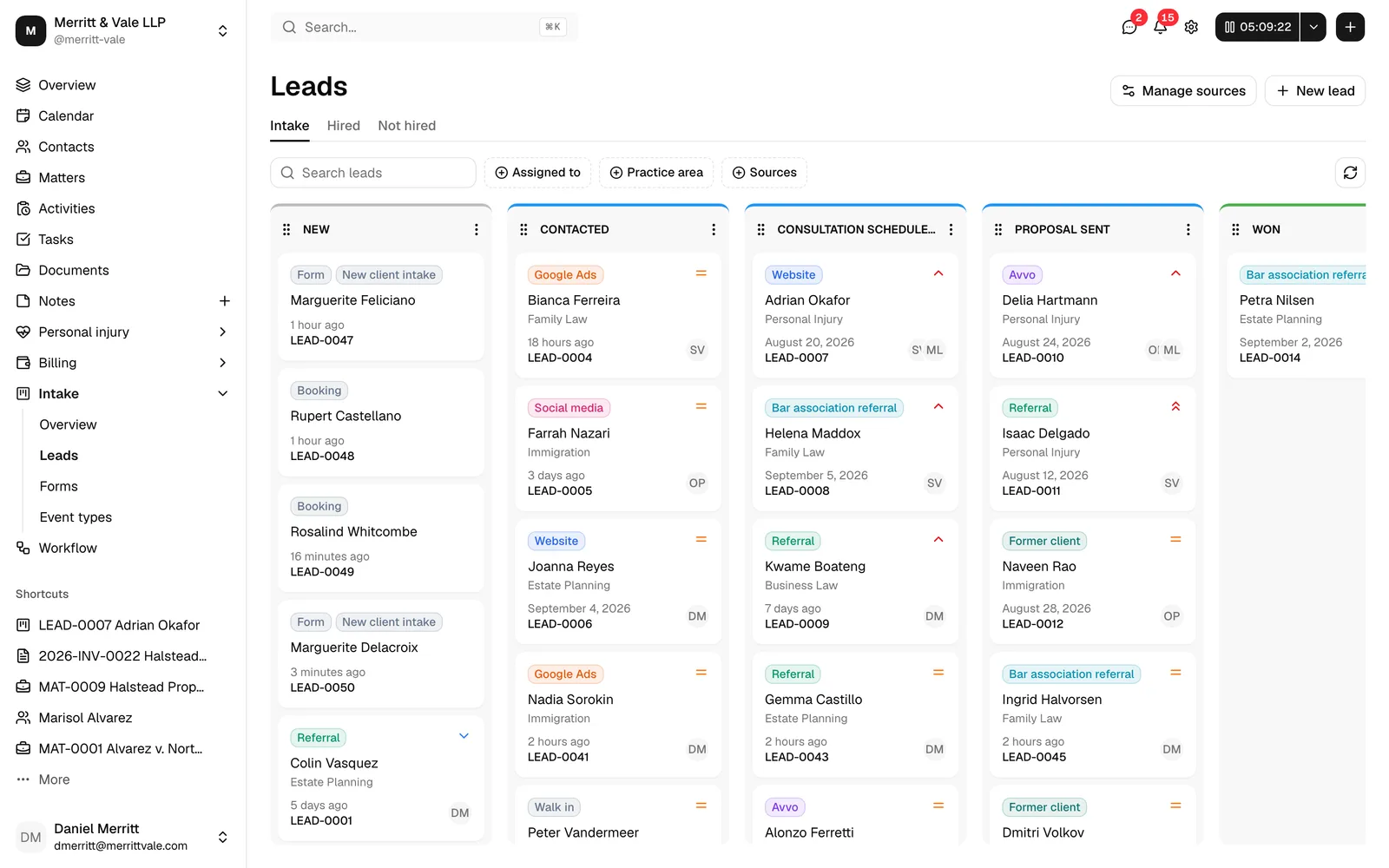 The leads pipeline in the dashboard with a freshly created lead from a form submission, highlighting its source tags.
