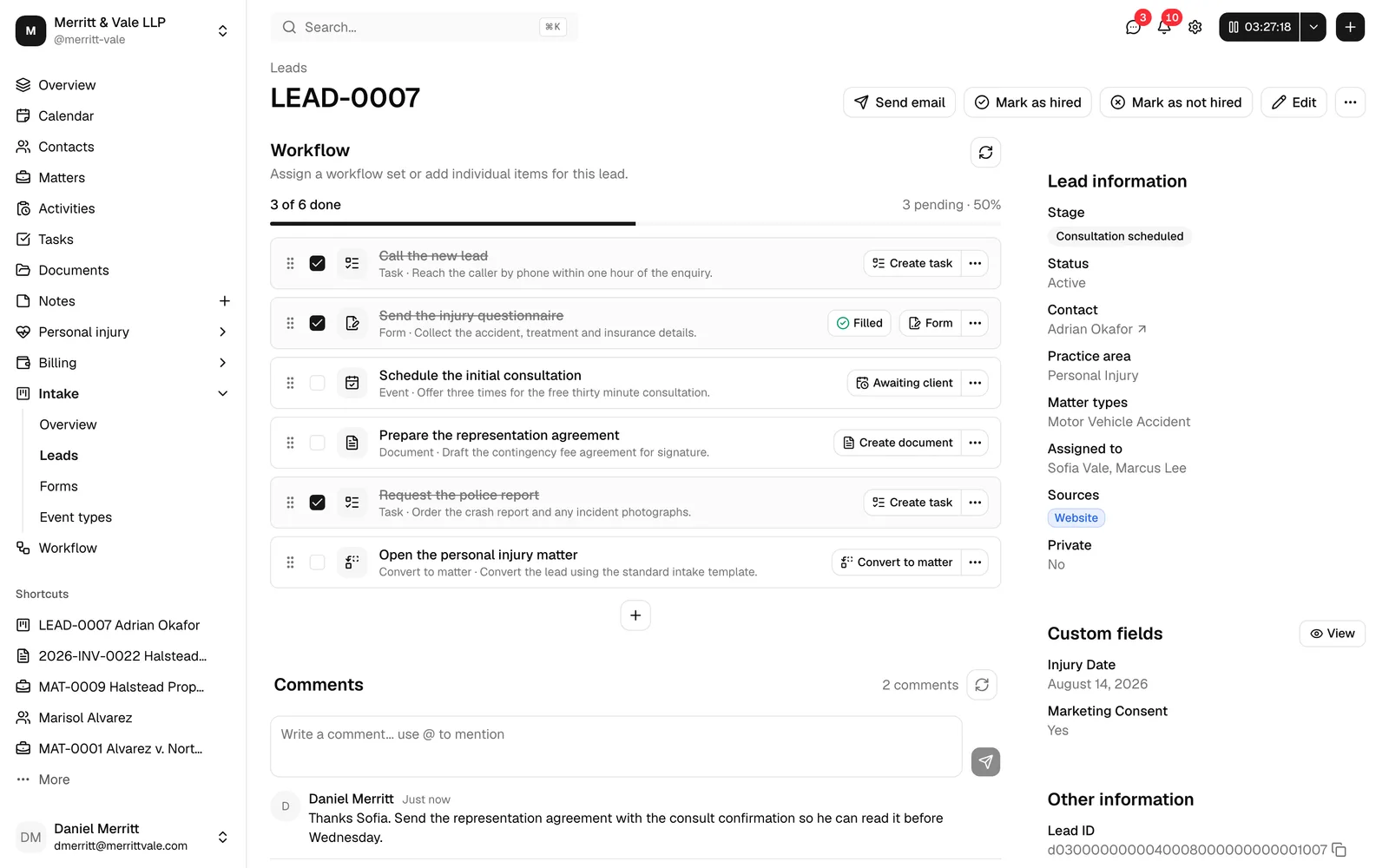 A lead profile showing the header action buttons, the Workflow section, and the right-hand sidebar with Lead information and Custom fields.