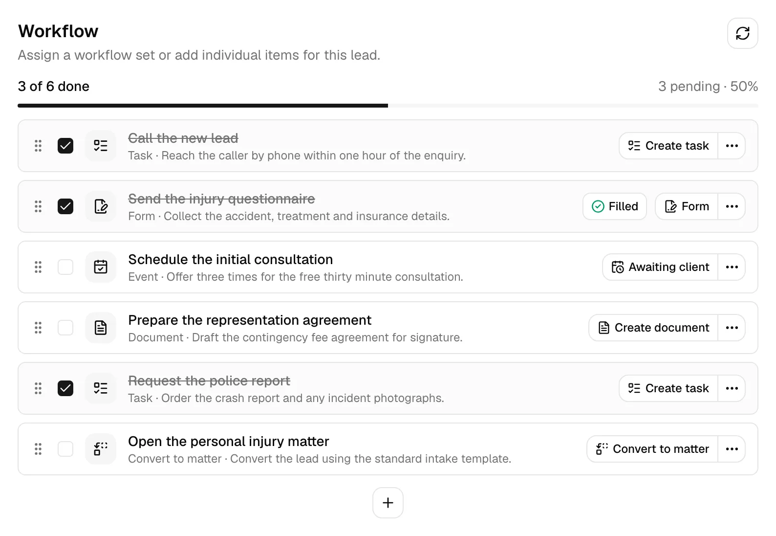 The Workflow section on a lead showing the progress bar ("2 of 5 done"), several checklist items with type icons, and the action buttons on a row.