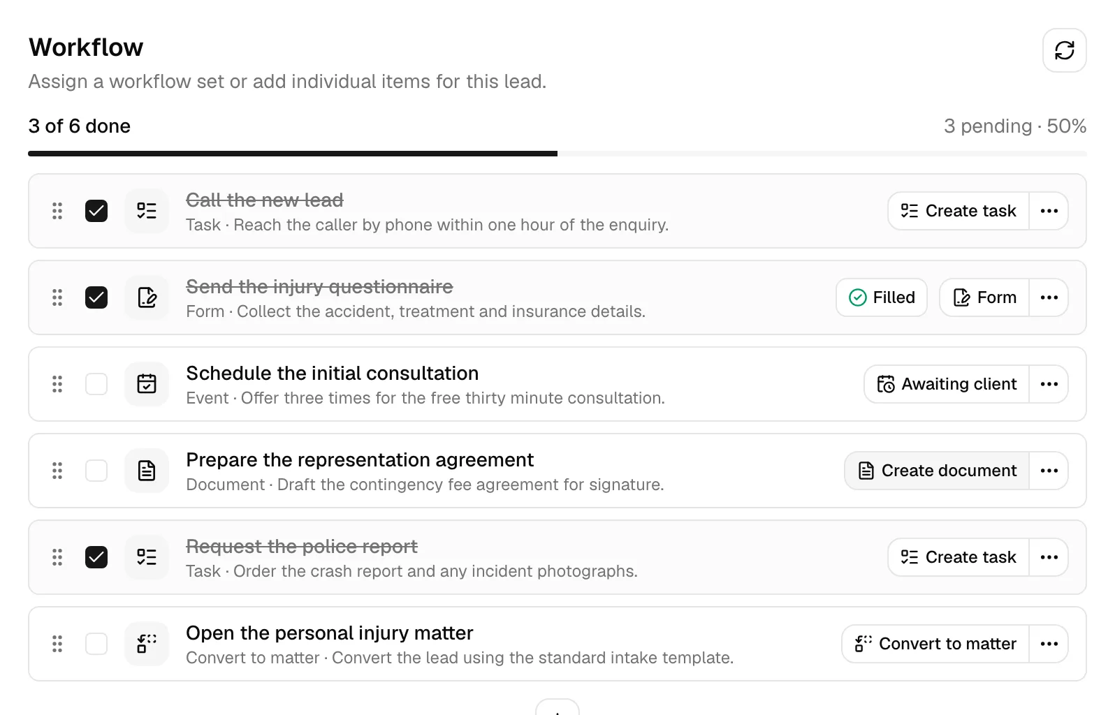 A lead's Workflow section showing the attached steps, with the pending count and progress bar visible, and one step about to be run. Highlight the pending