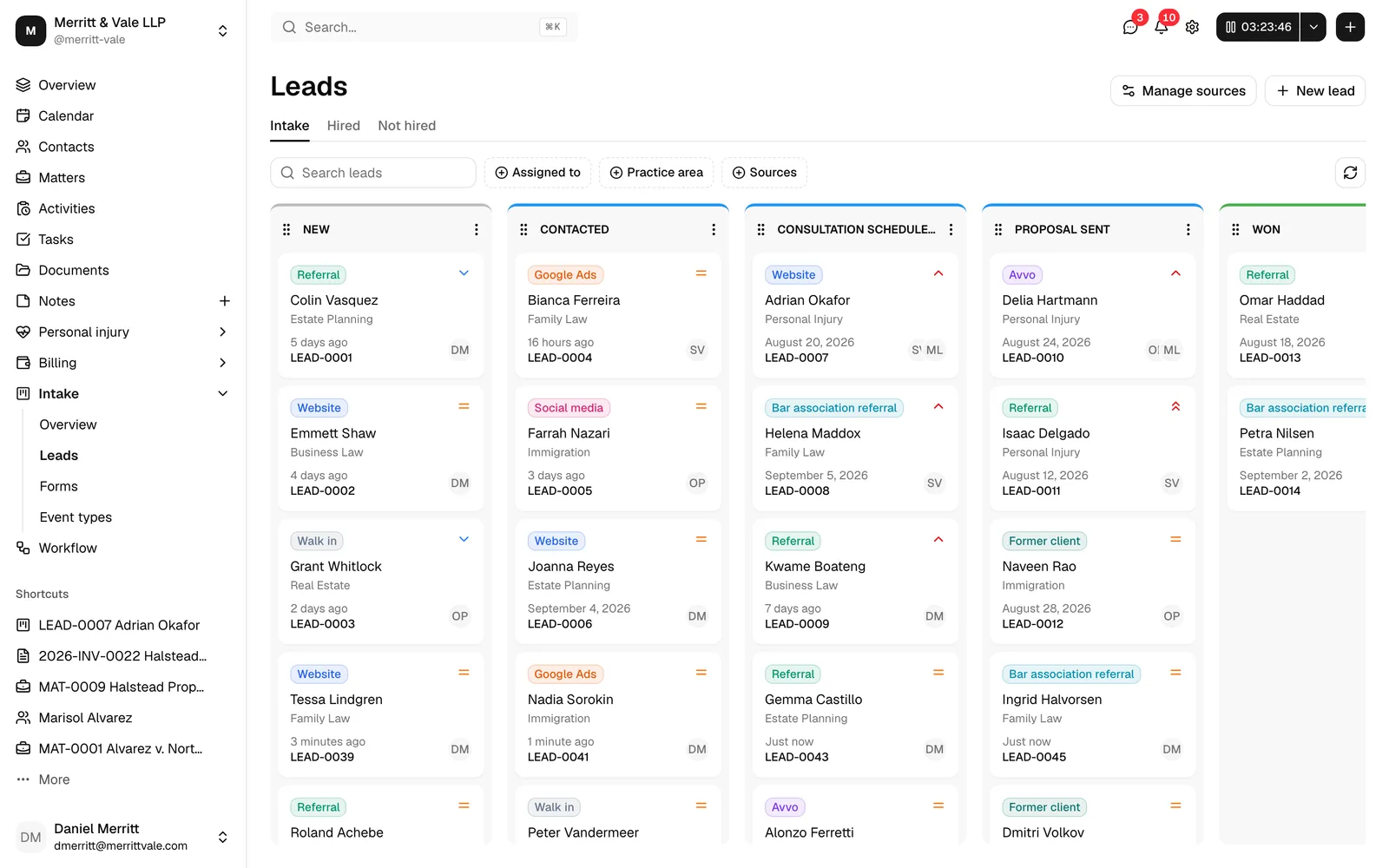 The Leads page with the Intake pipeline showing several stage columns and lead cards. Highlight the Intake / Hired / Not hired tabs at the top and the New lead
