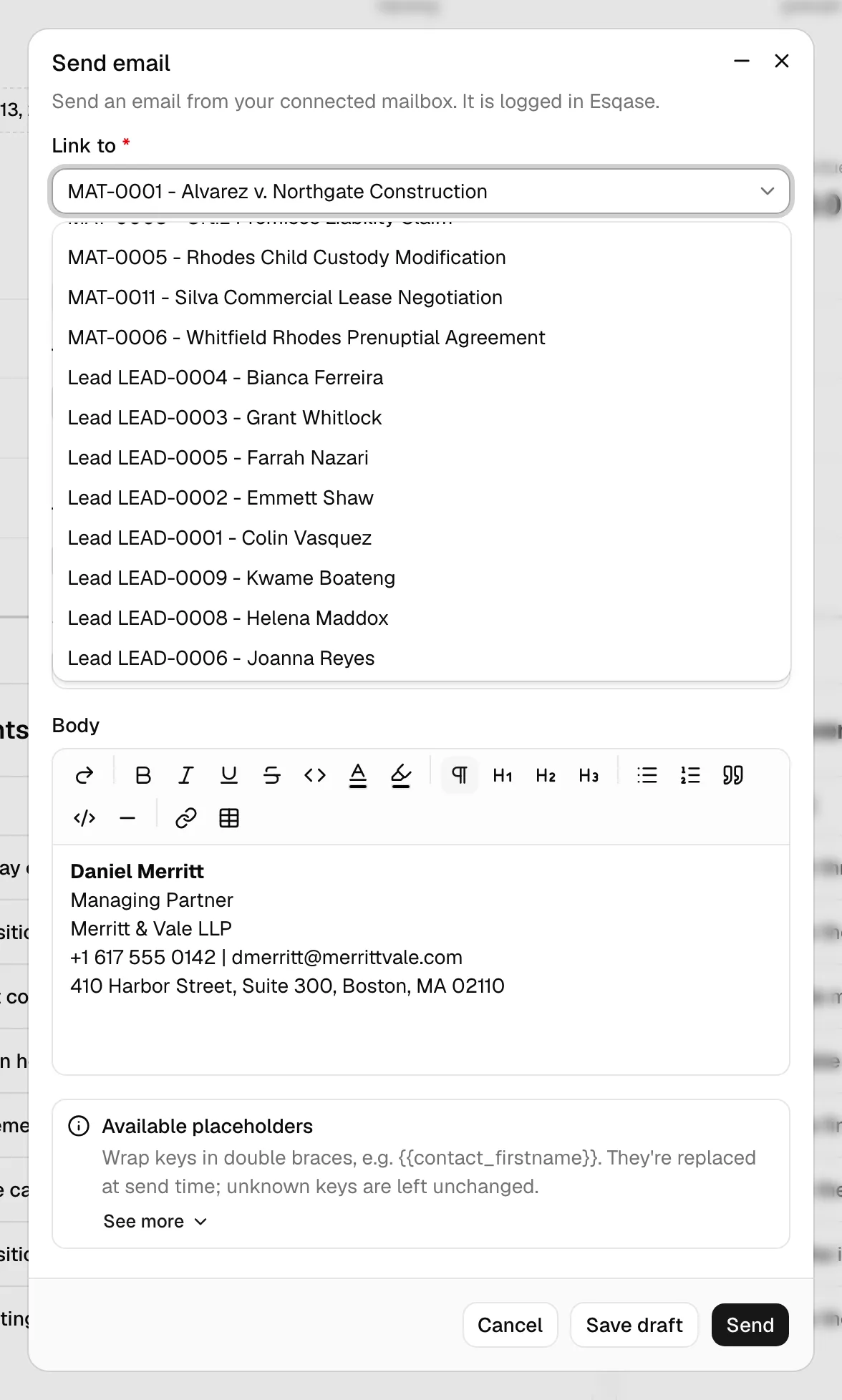 The Send email dialog showing the Link to picker open with matters and leads listed and one option selected.