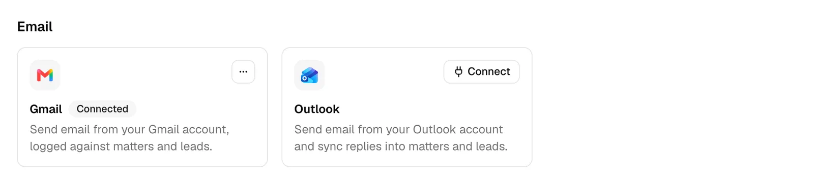 A linked Gmail card showing the Linked badge, the connected Google email address, and the Unlink button. Place this next to a not-linked card for contrast.