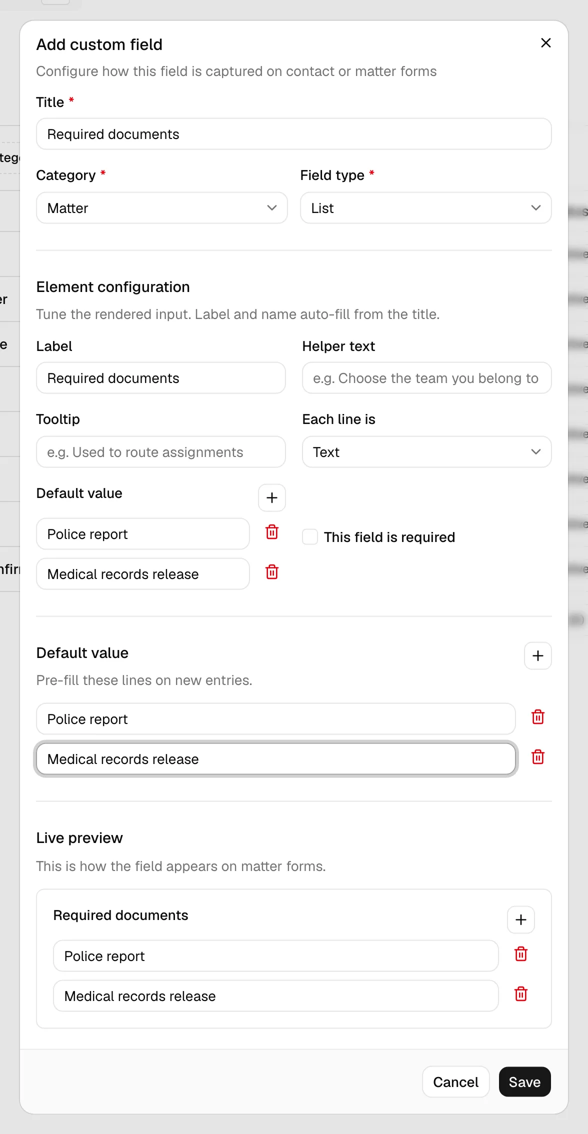 The List field type selected, showing the Each line is dropdown set to Text and the Default value section with one or two seeded lines.