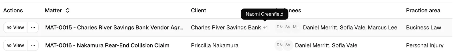 A matters list row with the pointer resting on the Client name to show the link underline, the +1 indicator revealing the other clients, and the Responsible