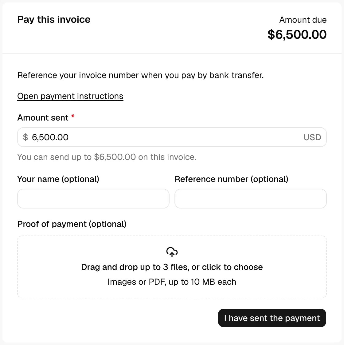The Bank transfer or wire panel showing your instructions, the Amount sent field, the optional name and reference fields, and the I have sent the payment