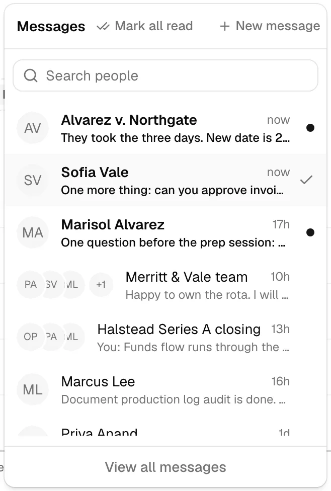 The Messages menu showing the Mark all read button at the top and an unread conversation with the hover check mark on its right.