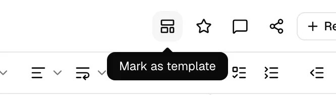 The document editor toolbar with the Mark as template button highlighted (the layout-template icon), shown in its unfilled state.
