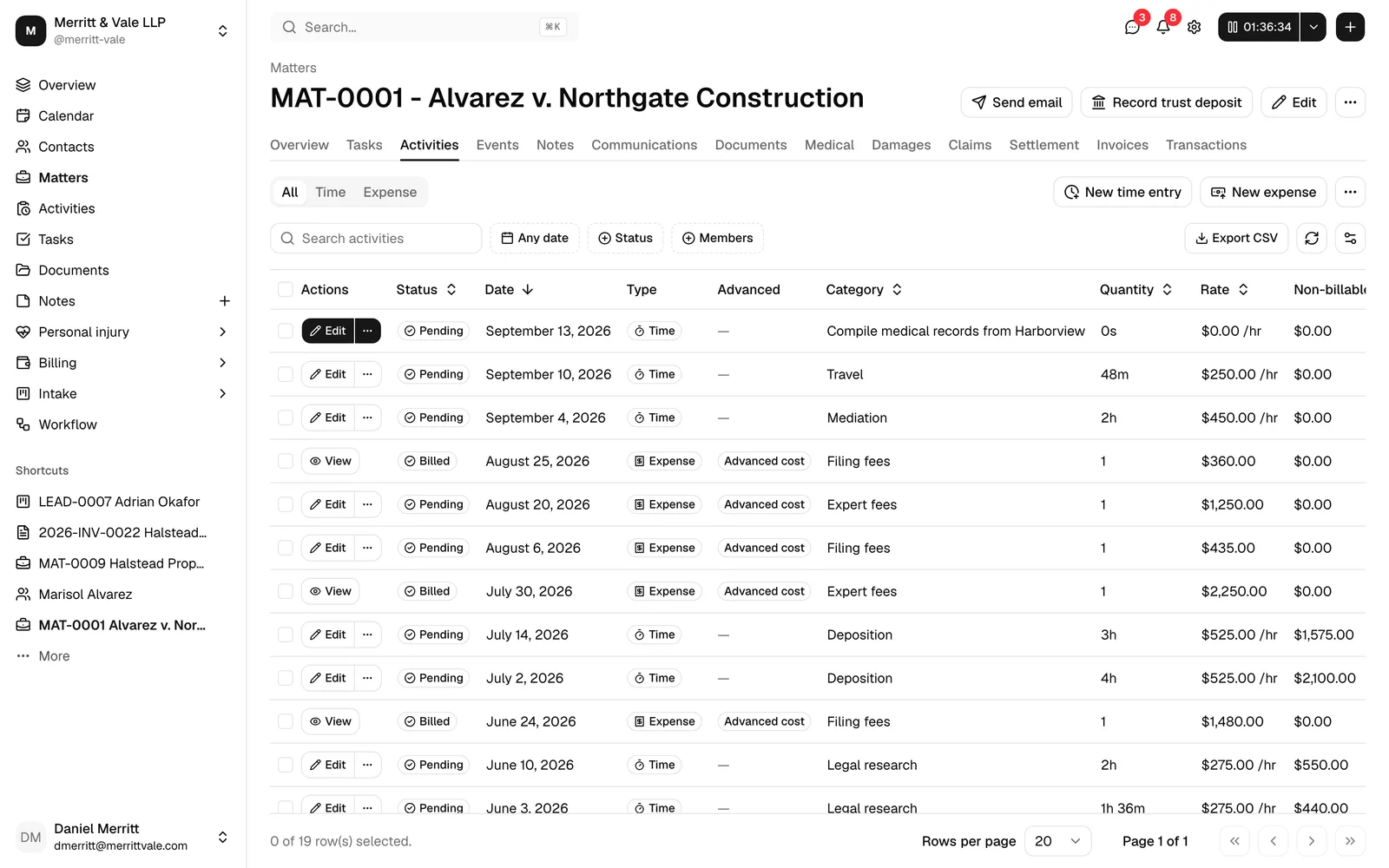 A matter workspace with the Activities tab selected, showing the matter-scoped list and the New time entry / New expense buttons.