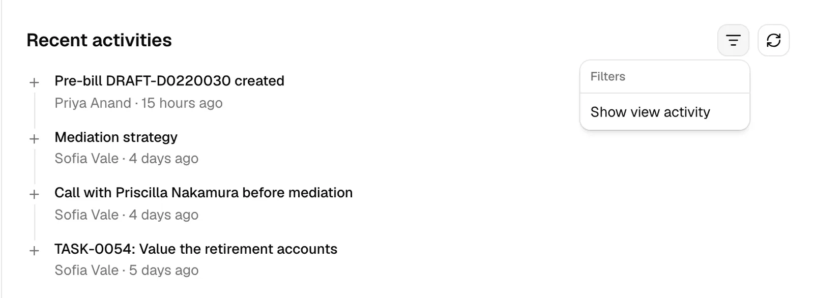 The Recent activities timeline with a mix of entries (a task created, an invoice sent, a document uploaded, a stage change), and the Filters menu open showing