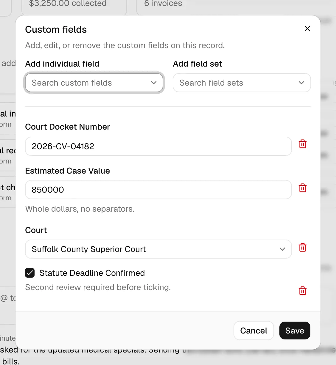 The Custom fields dialog open over the matter, showing the Add individual field and Add field set pickers and a couple of filled-in fields with their remove