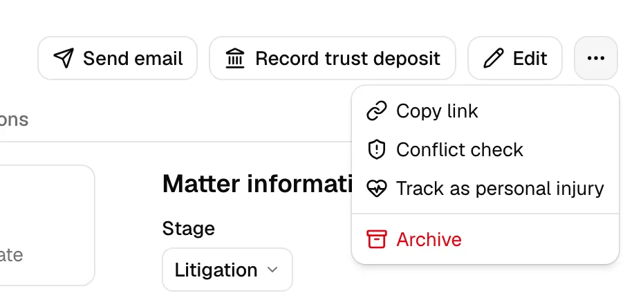 The matter header action buttons (Send email, Record trust deposit, Edit) with the "..." menu open showing Copy link, Conflict check, and Track as personal