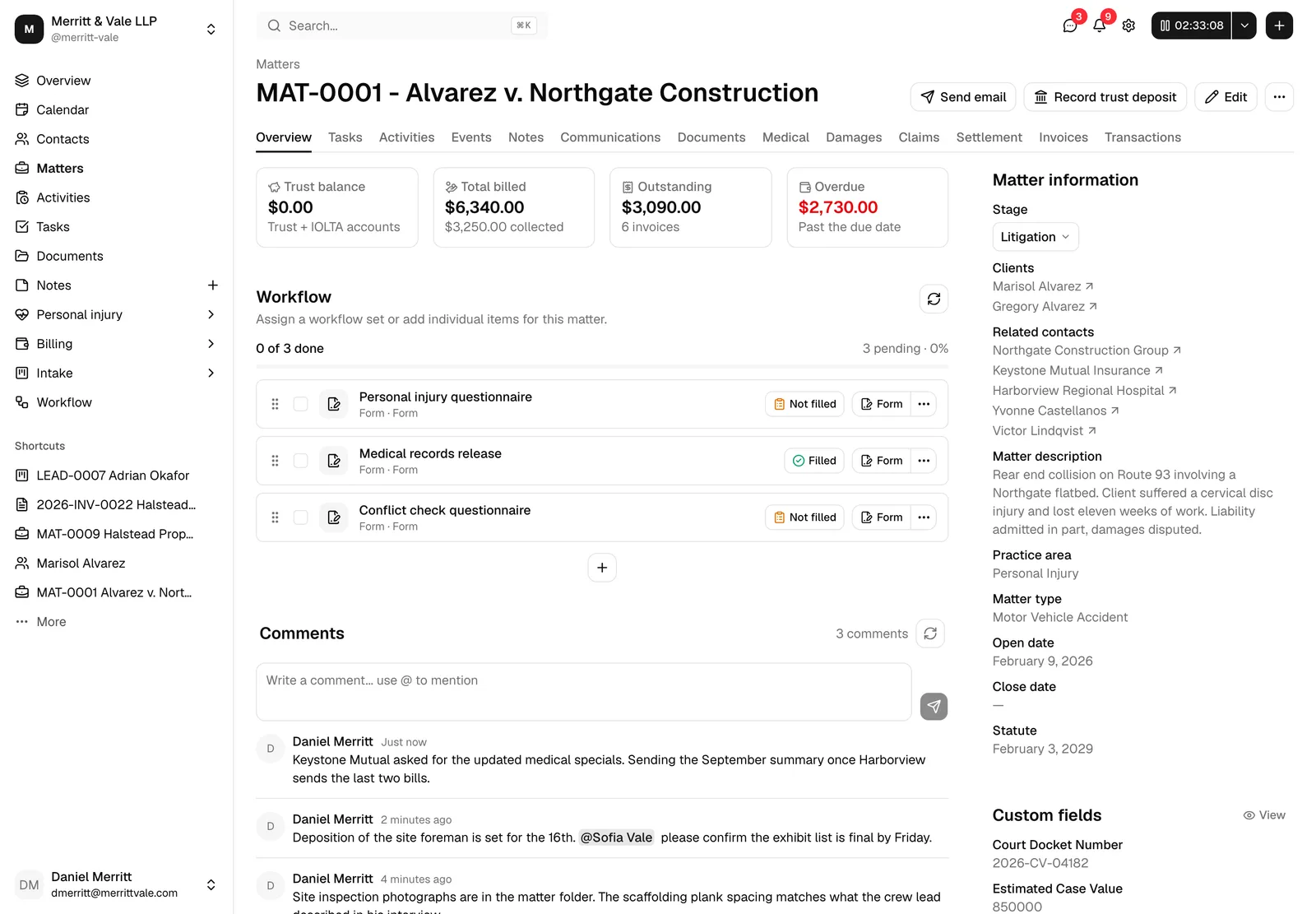 The full matter workspace on the Overview tab, showing the header with the matter number and title, the tab bar, the stat cards, and the sidebar on the right.