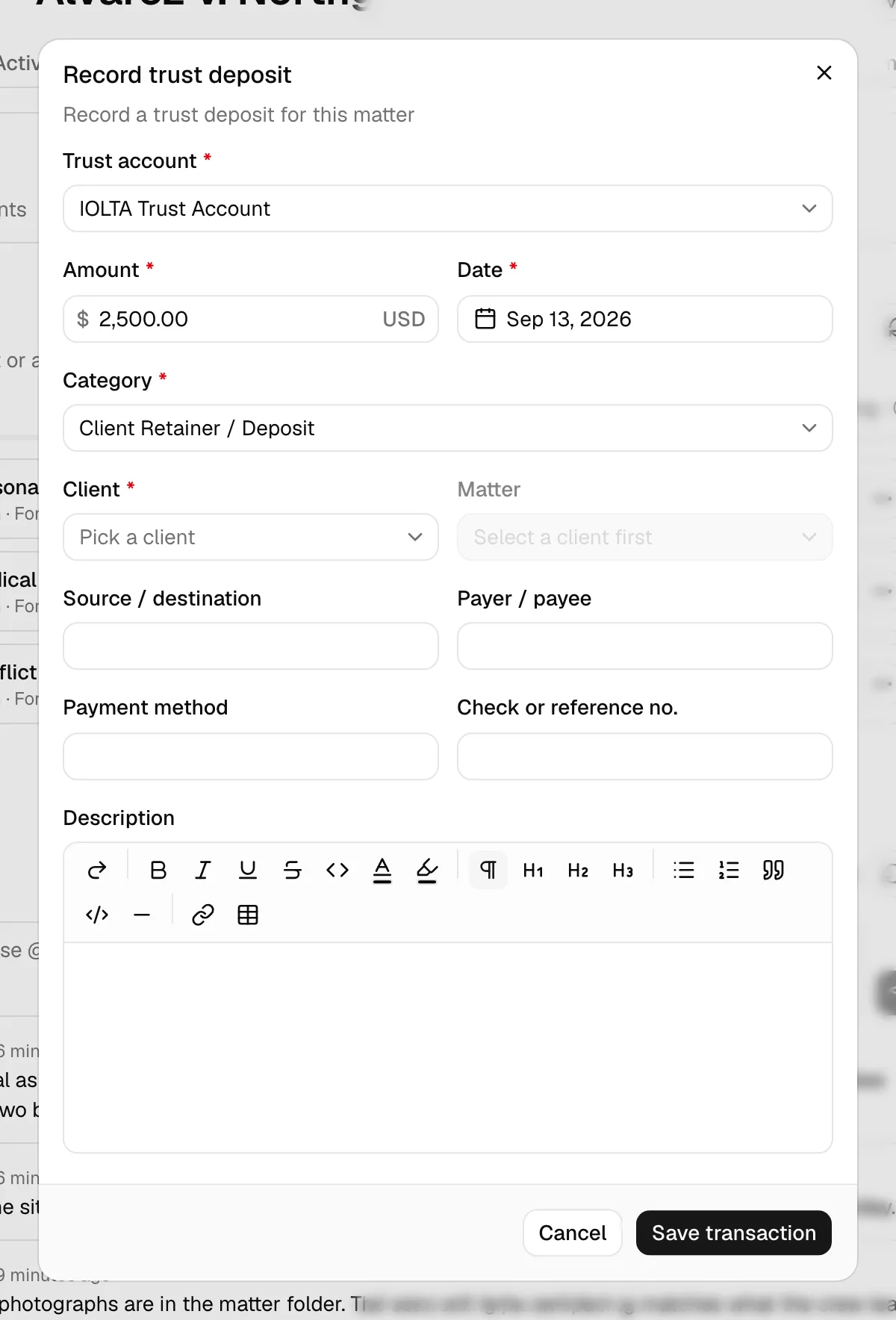 The Record trust deposit dialog opened from the matter header, with the Trust account picker at the top and the amount and date fields below it.