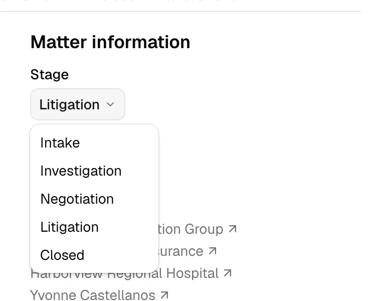 The Matter information sidebar block, with the Stage dropdown open showing the practice area's stages.