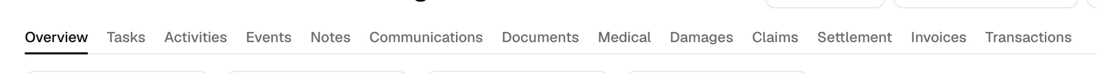 The matter tab bar on a personal injury matter, with all tabs visible (Overview, Tasks, Activities, Events, Notes, Communications, Documents, Medical, Damages