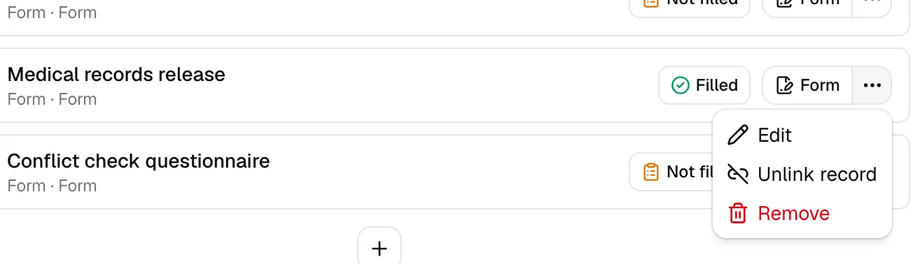 A single workflow item row with its checkbox, drag handle, action button, and the open "..." menu showing Edit, Unlink record, and Remove.