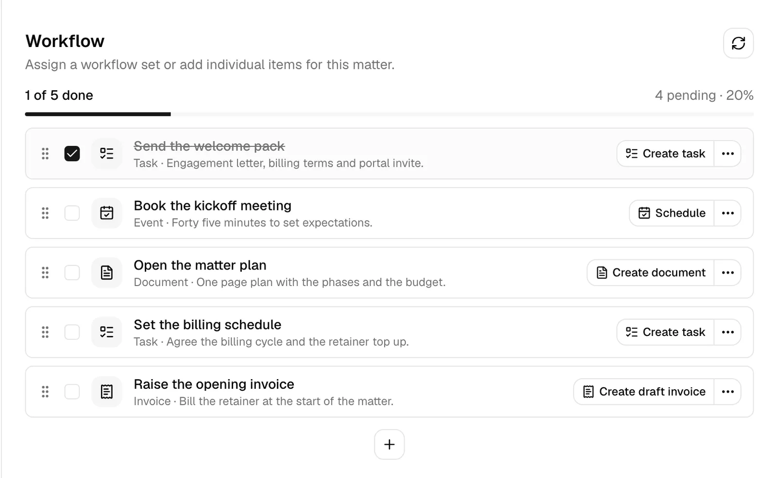 The Workflow section on a matter with several items, the progress bar at the top, and the "+" add button below the list.