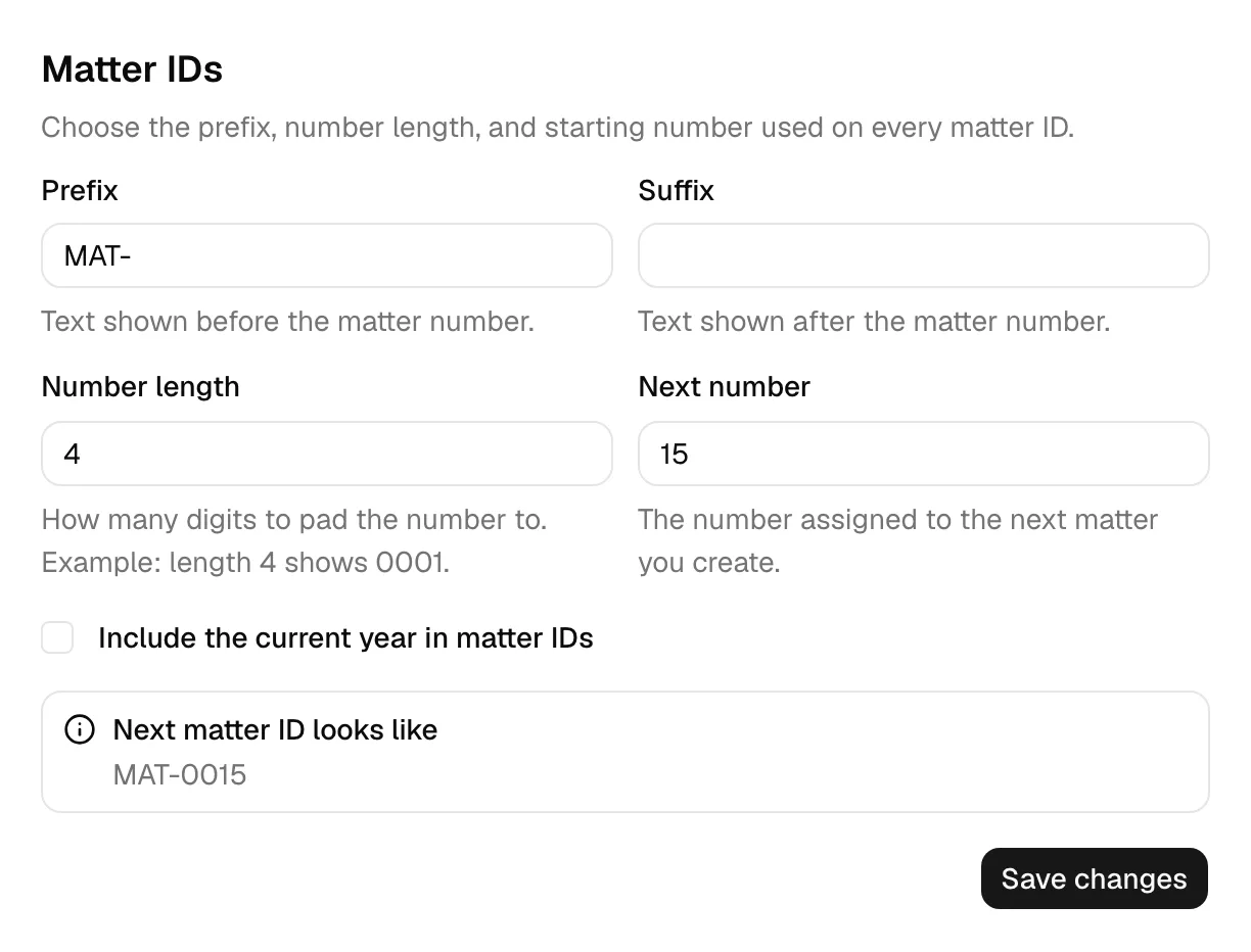 The Matter IDs form with Prefix, Suffix, Number length, and Next number filled in, and the live "Next matter ID looks like" preview box highlighted.