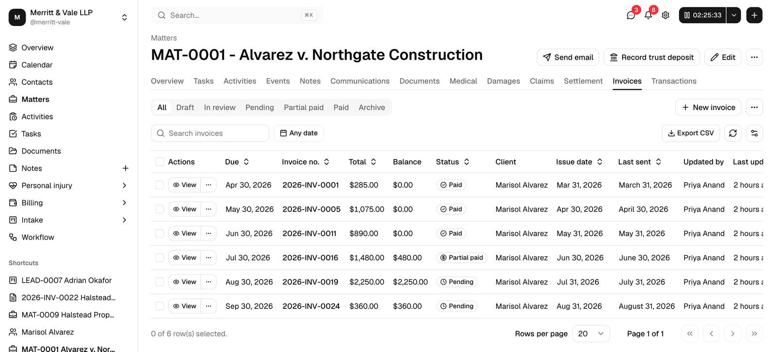 A matter's Invoices tab showing the matter-scoped invoice list with the New invoice button.