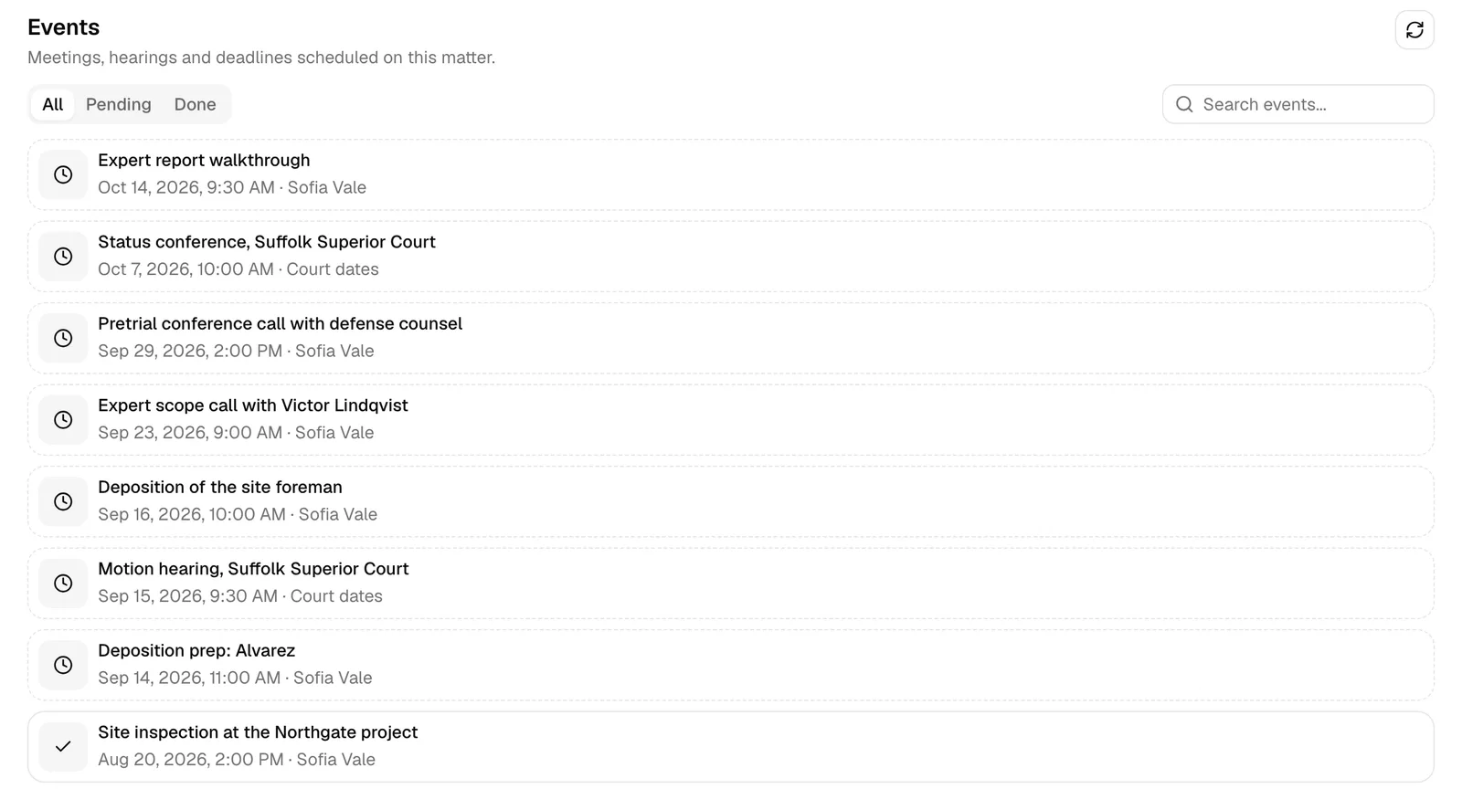 The Events section with the All, Pending, and Done tabs, the search box, and three event rows showing a mix of clock and tick icons.