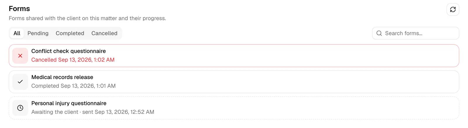 The Forms section with the All, Pending, Completed, and Cancelled tabs and rows showing an awaiting, a completed, and a cancelled form.
