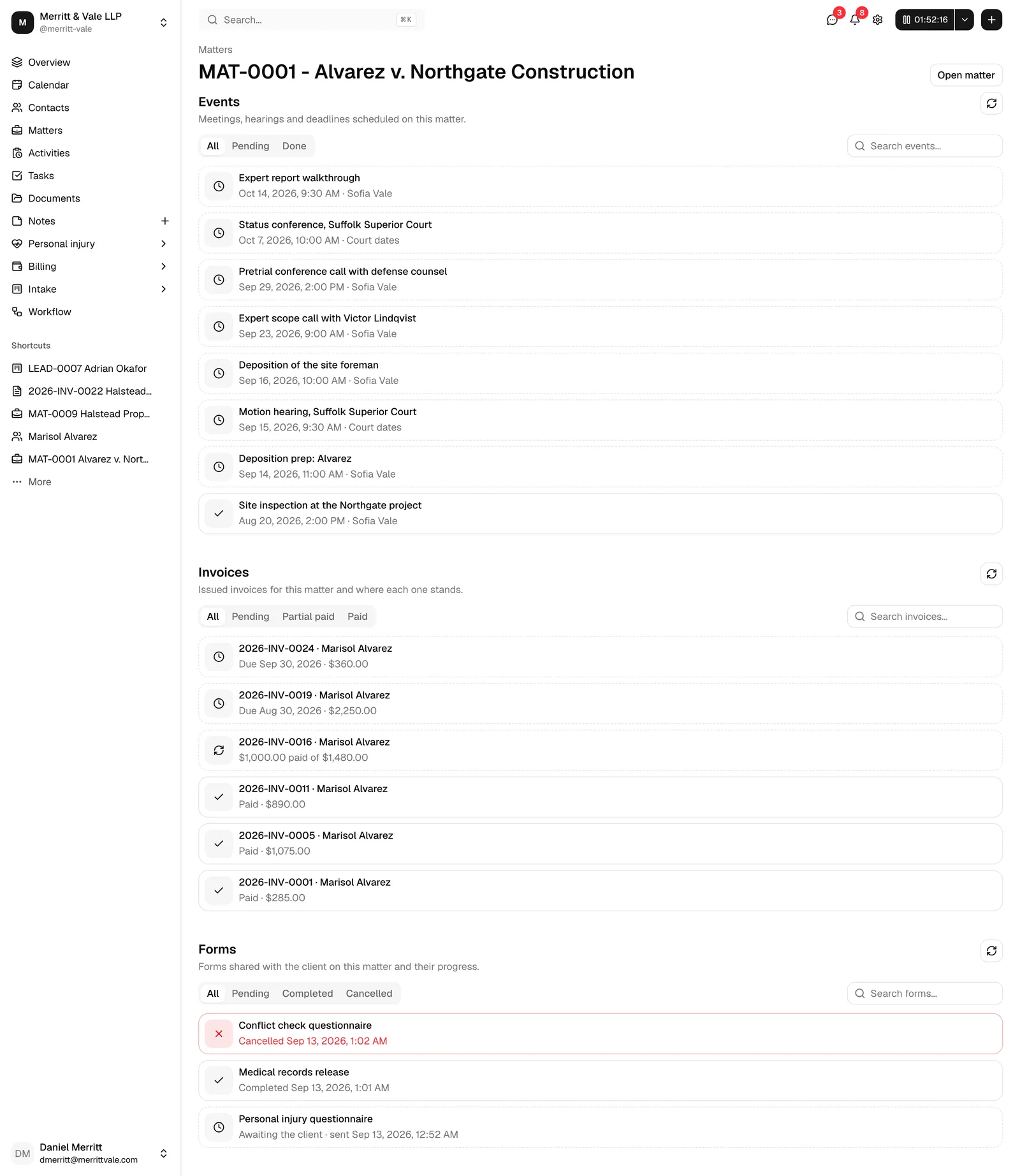 The matter summary page in full, showing the breadcrumb and matter title, the Open matter button, and the three stacked sections (Events, Invoices, Forms).