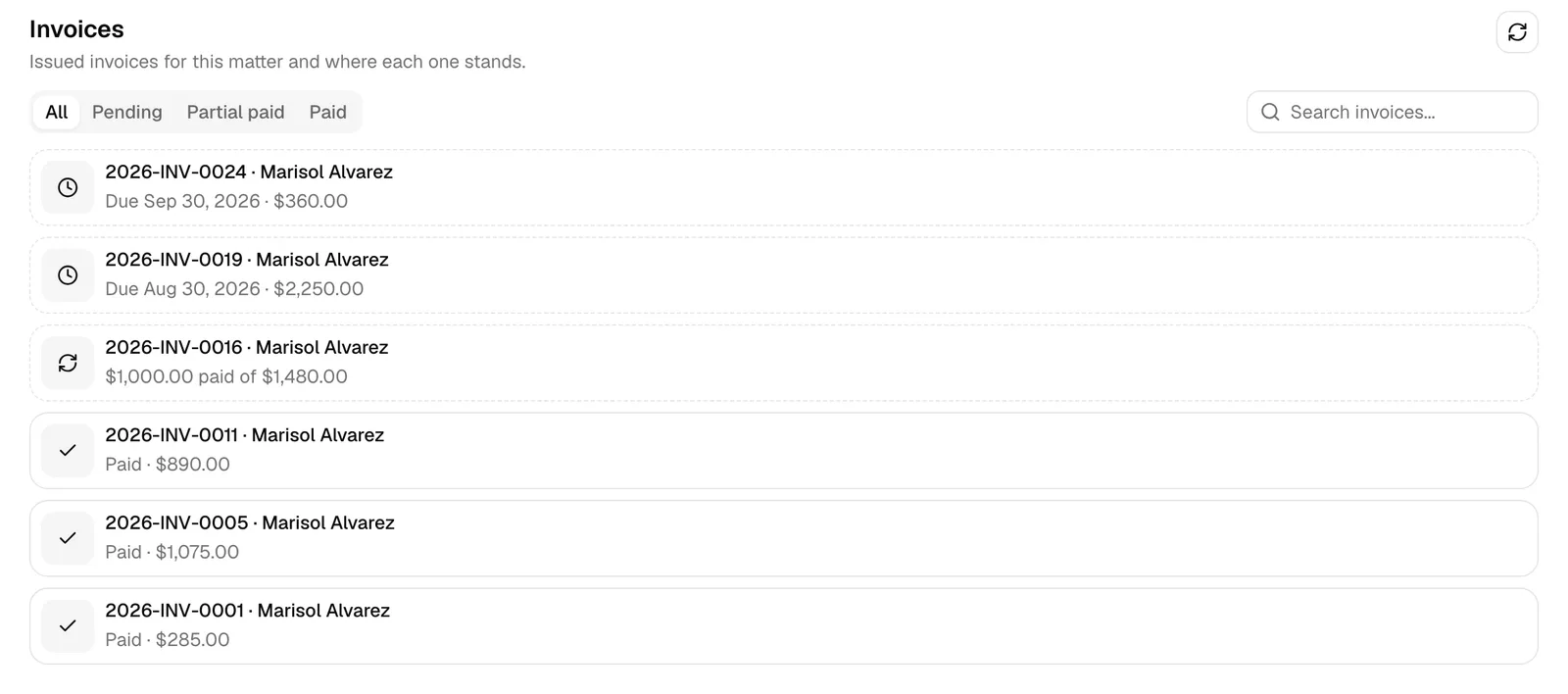 The Invoices section with the All, Pending, Partial paid, and Paid tabs and three invoice rows in different states.