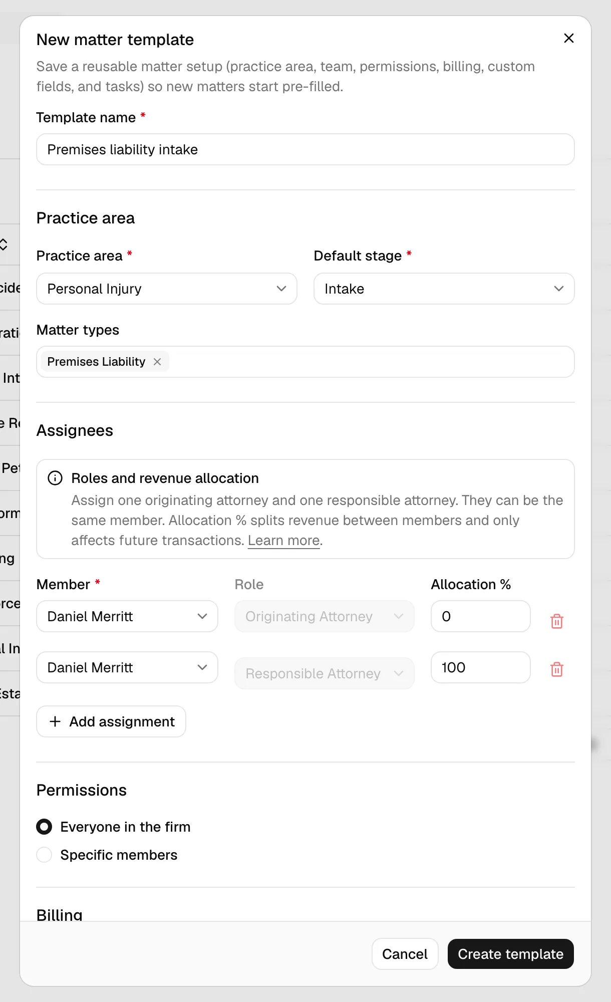 The New matter template dialog with the Template name and Practice area sections filled in.