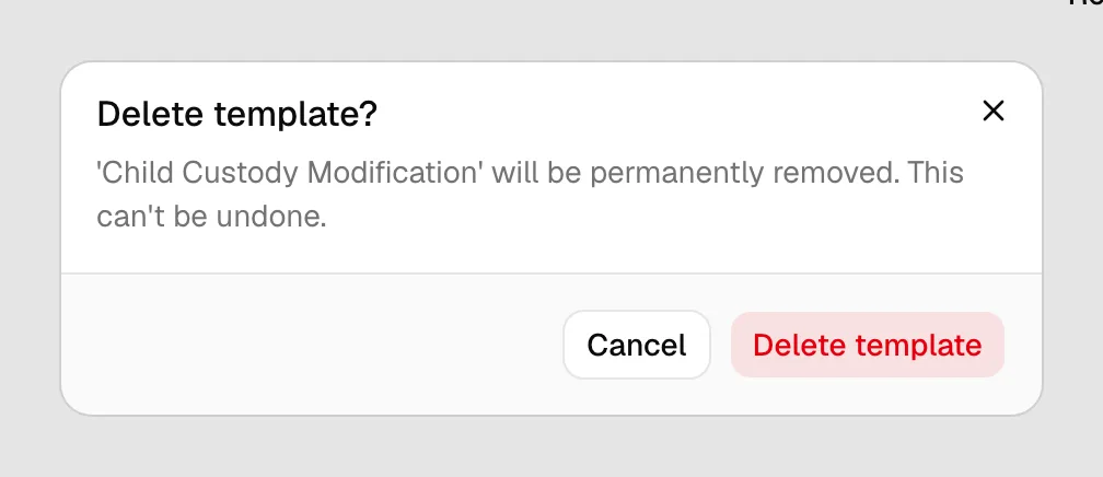 The per-row ... menu open on an archived template, showing Restore and Delete, with the Delete template? confirmation dialog.
